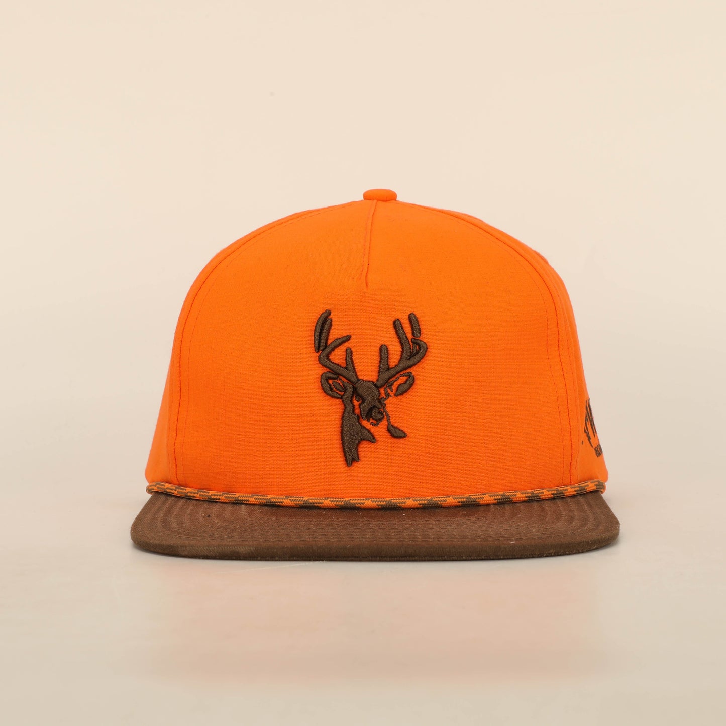 BLAZE ORANGE AND BROWN RIPSTOP PUFF DEER ROPE HAT