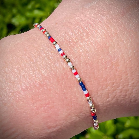 14K Gold Filled 2.5mm & Red White & Blue Bead Bracelet