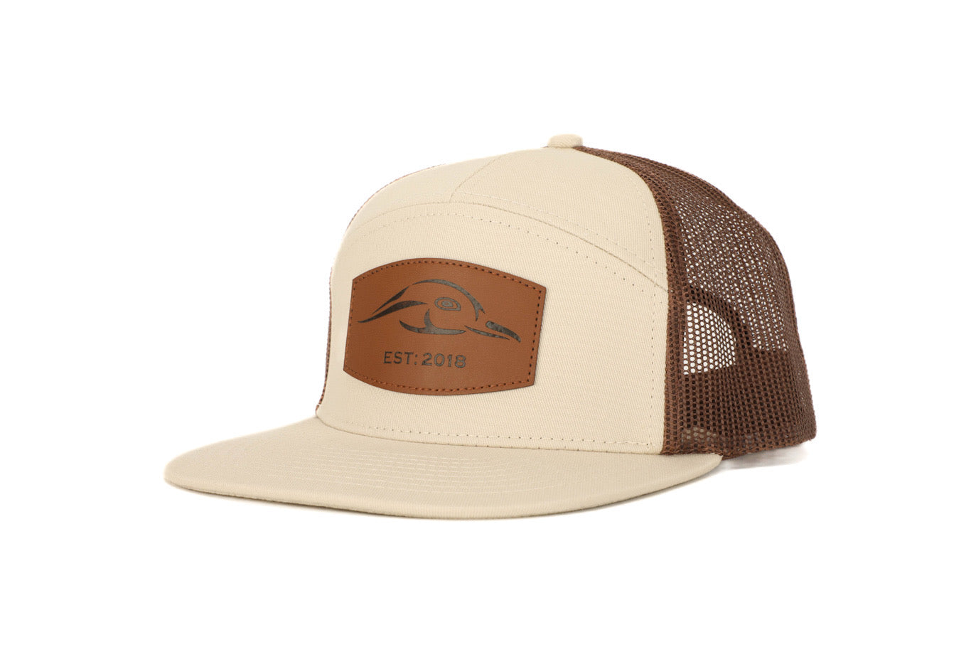 Youth Size AF Waterfowl Leather Patch 7 Panel Trucker Pale Khaki w/ Brown Mesh