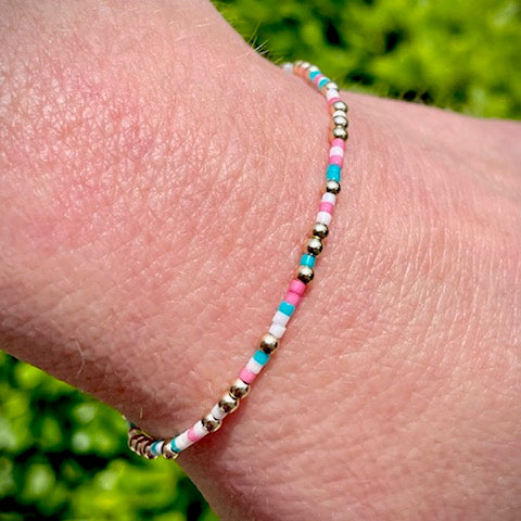 14K Gold Filled 2.5mm & Turquoise, Pink & White Bead Bracelet