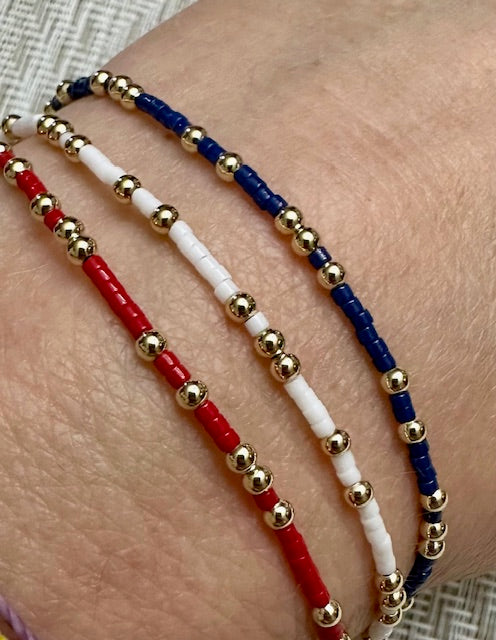 14K Gold Filled 2.5mm & Red, White & Blue Bead Bracelet Stack