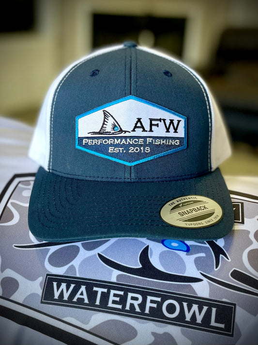 AFW Fishing Blue Trim Patch Hat - Navy/ White Snapback Trucker