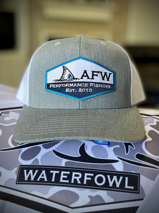 AFW Fishing Blue Trim Patch Hat - Grey/ White Snapback Trucker