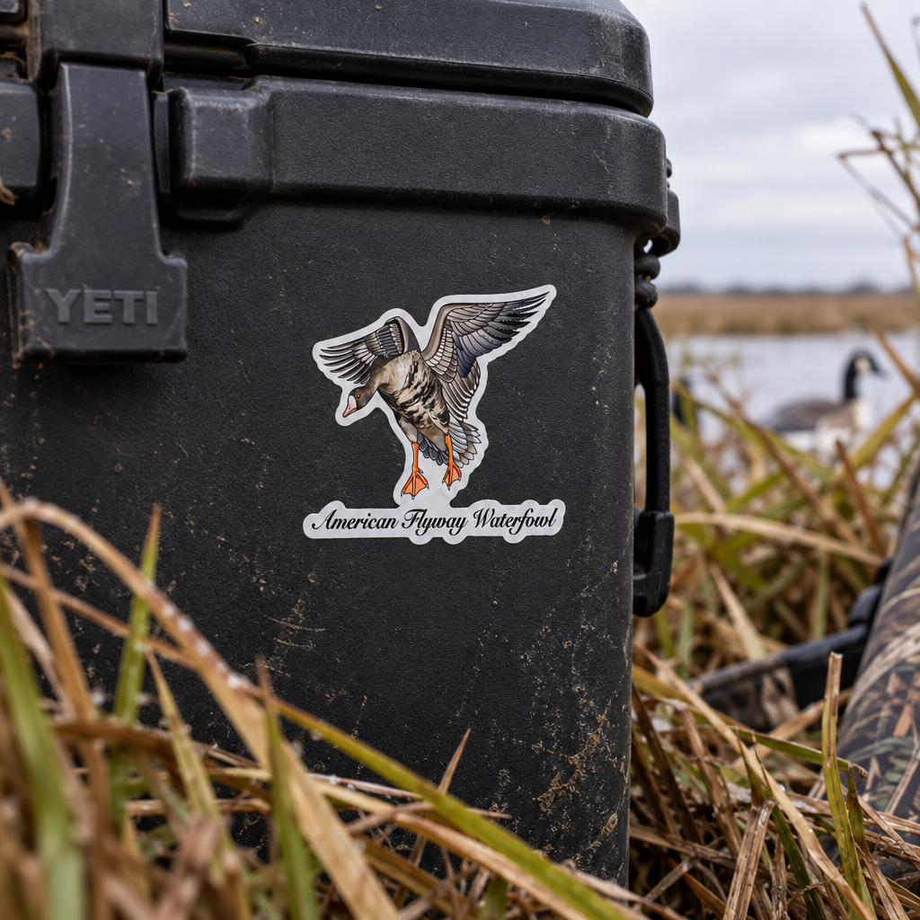 Specklebelly Sticker on cooler in waterfowl blind