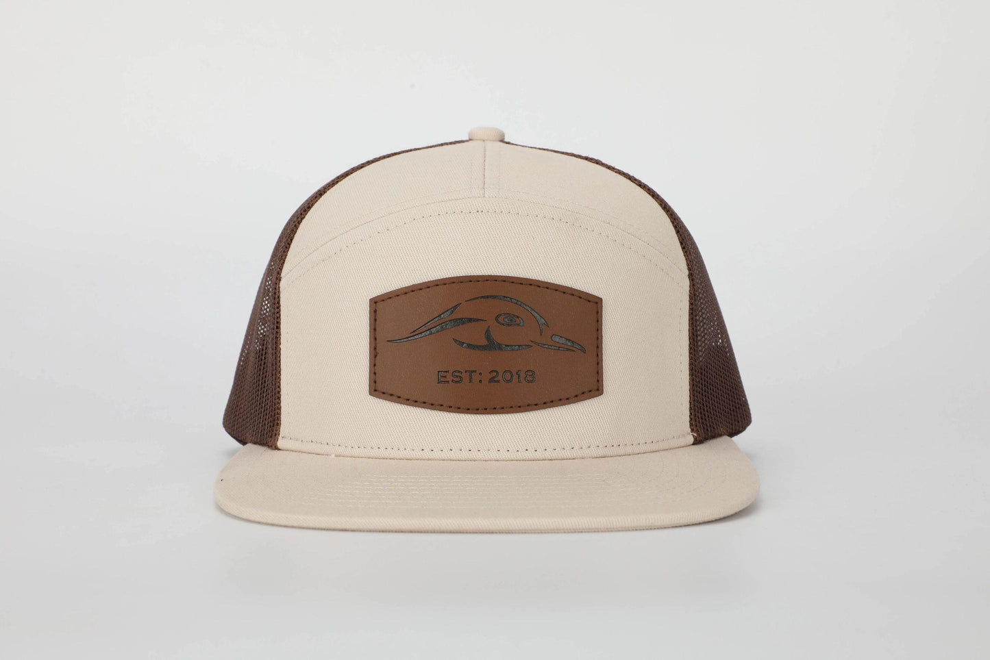AF Waterfowl Leather Patch Pale Khaki & Brown 7 Panel Trucker