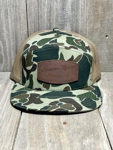 7 Panel Old School Cap w- Leather Patch and Tan Mesh