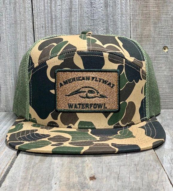 7 Panel Old Trim Green American School Cap Flyway Patch – w- Waterfowl Green Mesh and
